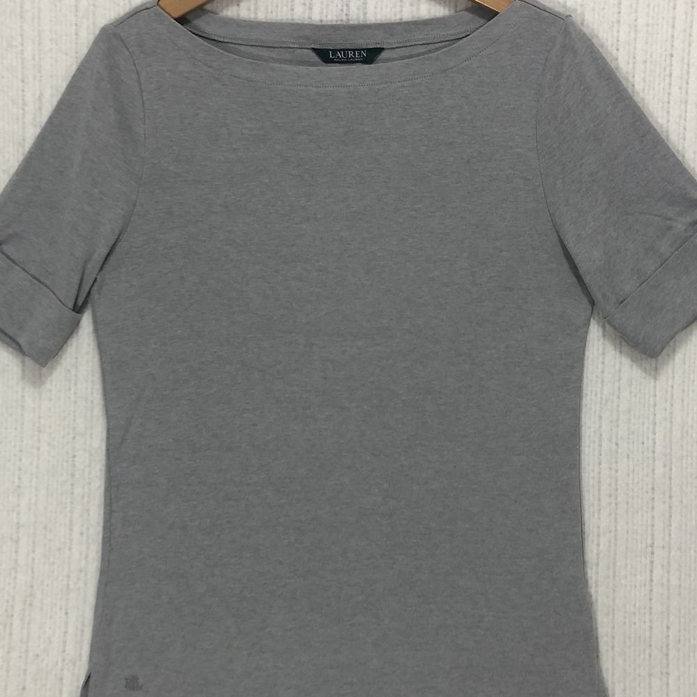 Lauren Ralph Lauren Gray Boat Neck Cuffed Short Sleeve Top LRL Logo